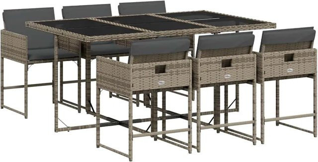 vidaXL 7-teilige Garten-Essgruppe aus Poly-Rattan in Grau mit Kissen und Hartglas-Tischplatte - Bild 1