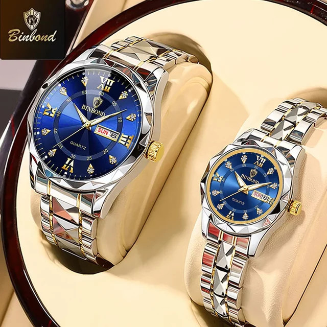 BINBOND Armbanduhren, Quarz, Edelstahl, Diamant, Gold, Blau, Unisex - Bild 1