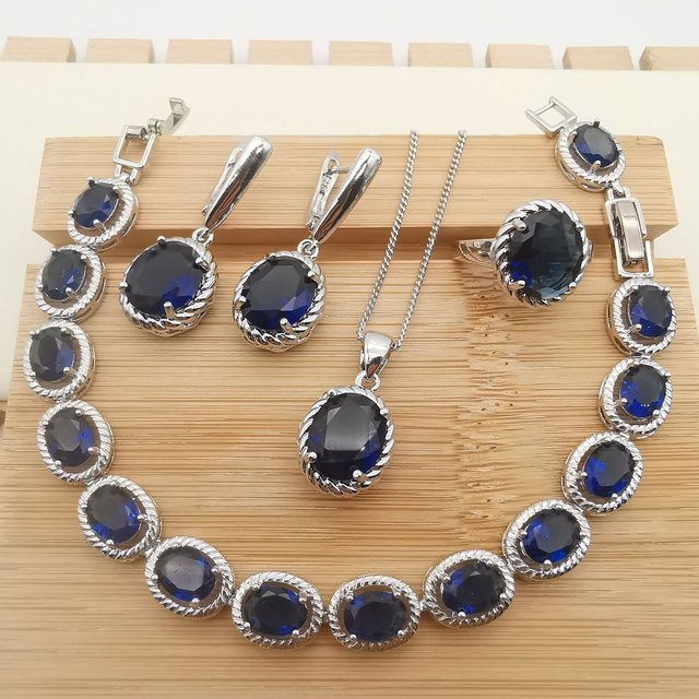 Schmuckset vierteilig, Halskette mit blauer Kristall-Haselstein, Ohrringe, Damen - Bild 1