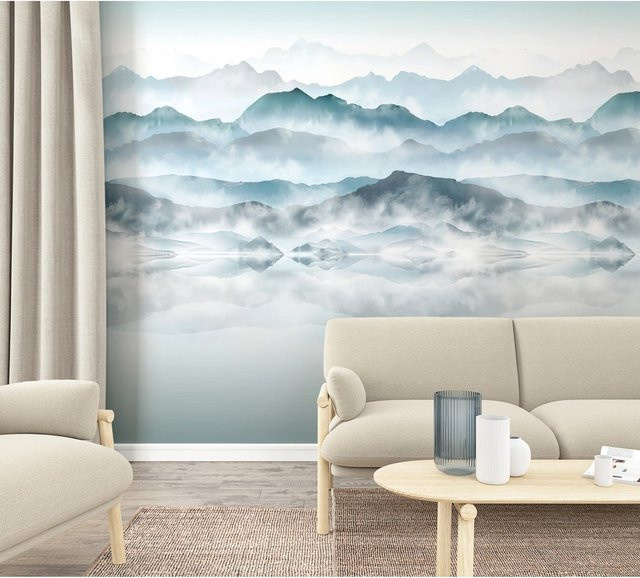 Marburg Vliestapete Smart Art Easy Illustration Berge Tal Nebel Blau-Grau B: 212 cm, H: 270 cm - Bild 1