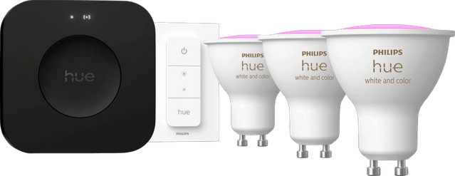 Philips Hue White & Color Ambiance Starterset mit Bridge Pro, 3 GU10 LED-Leuchtmitteln und Dimmer in Weiß - Bild 1