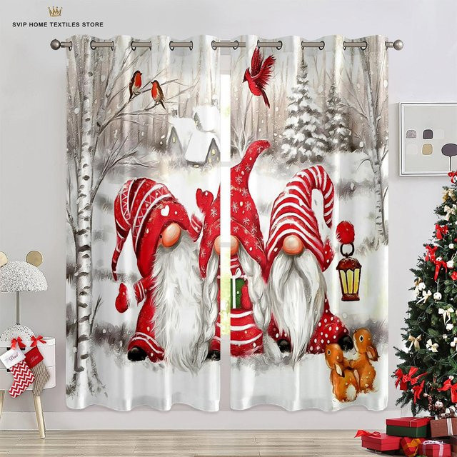 Weihnachtsgardinen Set mit Weihnachtsmann und Schneemann Motiv in Rosa und Mehrfarbig, halbtransparent mit Blumenmuster für Wohnzimmer und Kinderzimmer, 2 Stück, Breite: 50 cm, Höhe: 130 cm - Bild 1