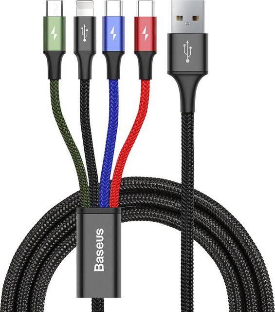 Baseus Rapid 4in1 USB-A Ladekabel mit Lightning, Micro-USB und 2 x USB-C, 20W, Schwarz, Länge: 1,2 m - Bild 1