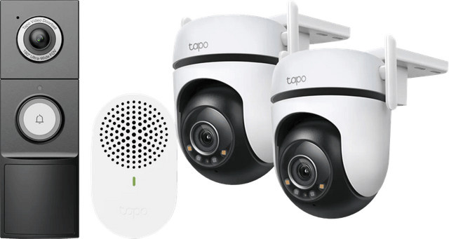 TP-Link Tapo C520WS Doppelpack WiFi Überwachungskameras in Weiß mit D235 Smart Battery und Wired Doorbell Set - Bild 1