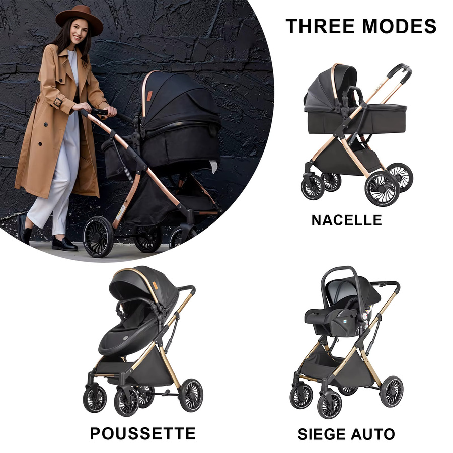 Luourzme 3-in-1 Kombikinderwagen in Schwarz mit Kokonsitz, klappbarem Rahmen und UV-Schutzdach - Bild 5