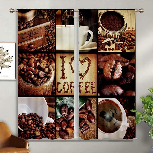 2 Stück Vintage Fenster Vorhänge mit amerikanischem Kaffeemuster in Braun, halbtransparent, B: 50 cm, H: 140 cm - Bild 1