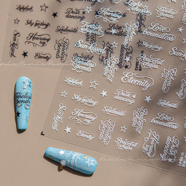 KANIU Nagelaufkleber, Schwarz-weiß, Text-Nagelkunst - Bild 1