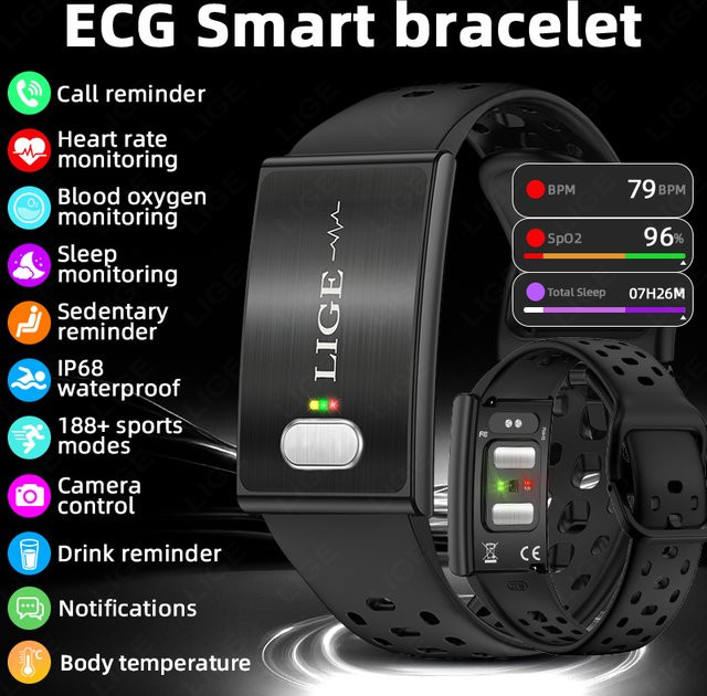 LIGE Smartwatch ohne Bildschirm zur Gesundheitsüberwachung mit EKG-Messung, Herzfrequenz, HRV und Blutdruckmessung, Fitness Tracker in Schwarz für Android und iOS - Bild 1