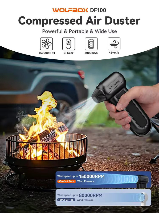 WOLFBOX DF100 MF100 Tragbarer kabelloser Luftgebläse-Staubentferner in Schwarz mit einstellbarer Geschwindigkeit für Auto, PC und Zuhause - Bild 7