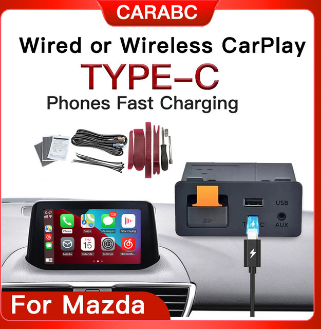 CARABC USB-C CarPlay und Android Auto Adapter zur Nachrüstung für Mazda 2 3 6 CX3 CX5 CX8 CX9 MX5 in Schwarz - Bild 1
