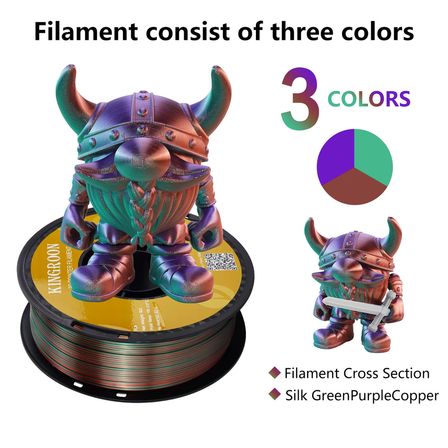 KINGROON Seiden PLA Filament 1,75 mm Dreifarbig (Rot, Gold, Blau) 1 kg Rolle für FDM 3D-Drucker - Bild 2