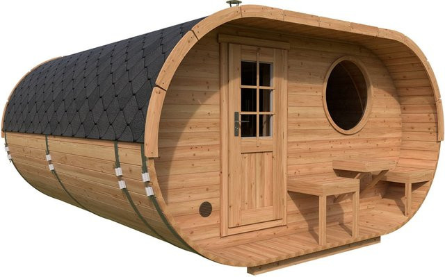 Große Oval Saunafass Deluxe mit Terrasse aus Thermoholz oder Fichtenholz, B/T/H: 400 x 400 cm - Bild 1