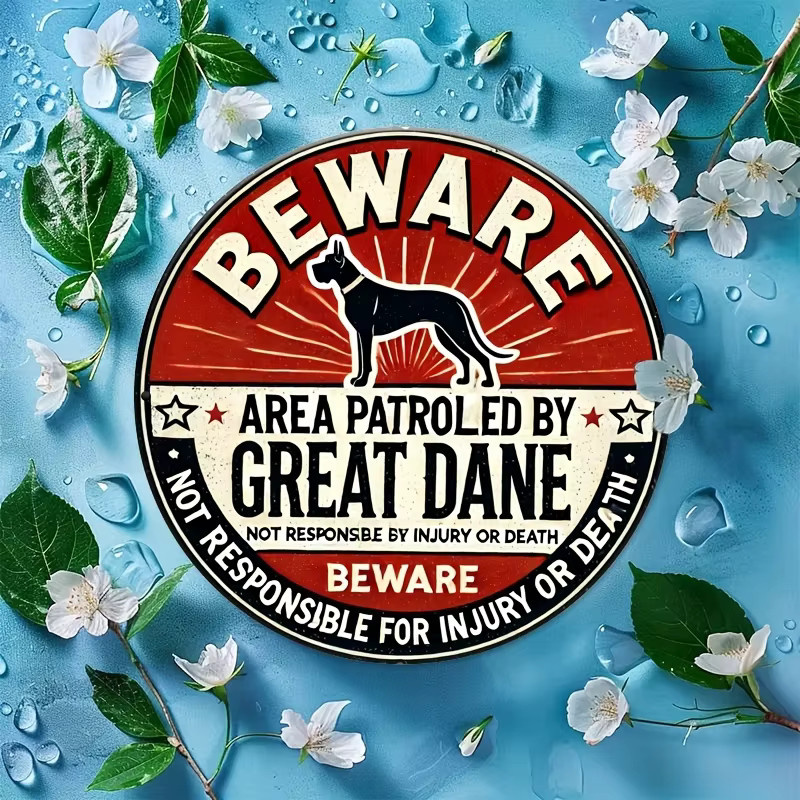 Potdemiel Wandkunst Great Dane Warning Area Patrol Reminder Vintage Metallschild Rund Rot Durchmesser: 20 cm - Bild 3