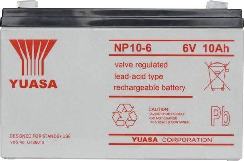 Yuasa NP10-6 Bleiakku 6V 10Ah Blei-Vlies AGM Grau B/H/T: 15,1 x 9,75 x 5,0 cm mit 4,8mm Flachstecker wartungsfrei - Bild 1