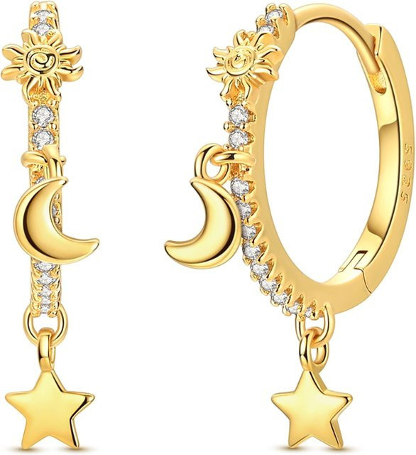 Parmuz Tropfenohrringe 925 Silber, vergoldet, Sonne, Mond und Stern, Damen - Bild 1