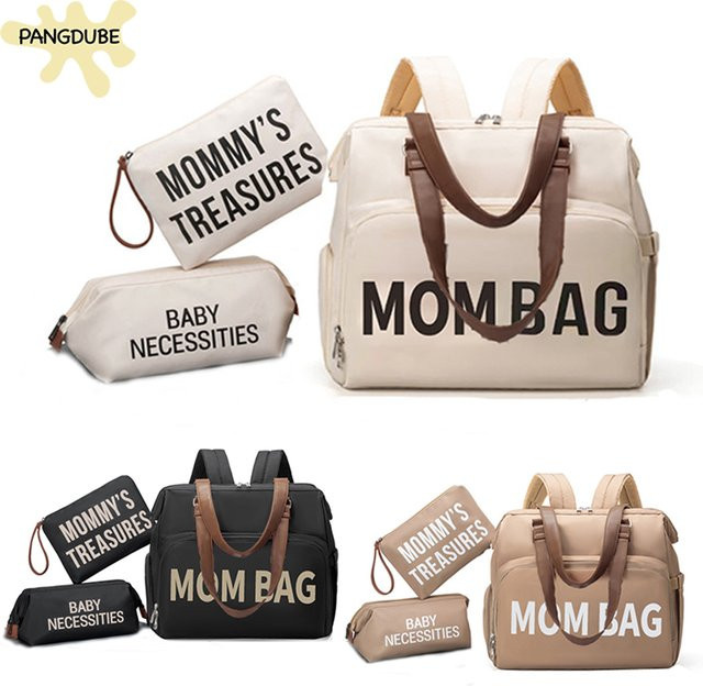 PANGDUBE 3-teiliges Wickeltaschen-Set bestehend aus Rucksack mit großem Fassungsvermögen, Gepäckhülle und Schuhfach sowie isolierter Tasche in Beige und Weiß - Bild 1