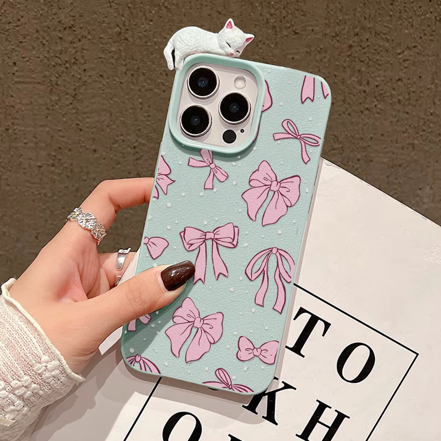Weiche 3D Silikonhülle mit Schleifen- und Katzenmotiv für iPhone 11 bis iPhone 17 Pro Max in Rosa oder Grün - Bild 3