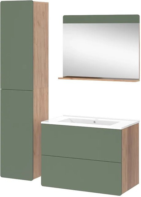 Vicco Badmöbel-Set Izan in Goldkraft Eiche und Grün, 4-teilig mit Hochschrank, Waschtischunterschrank, Spiegelschrank und Wandmontage - Bild 1