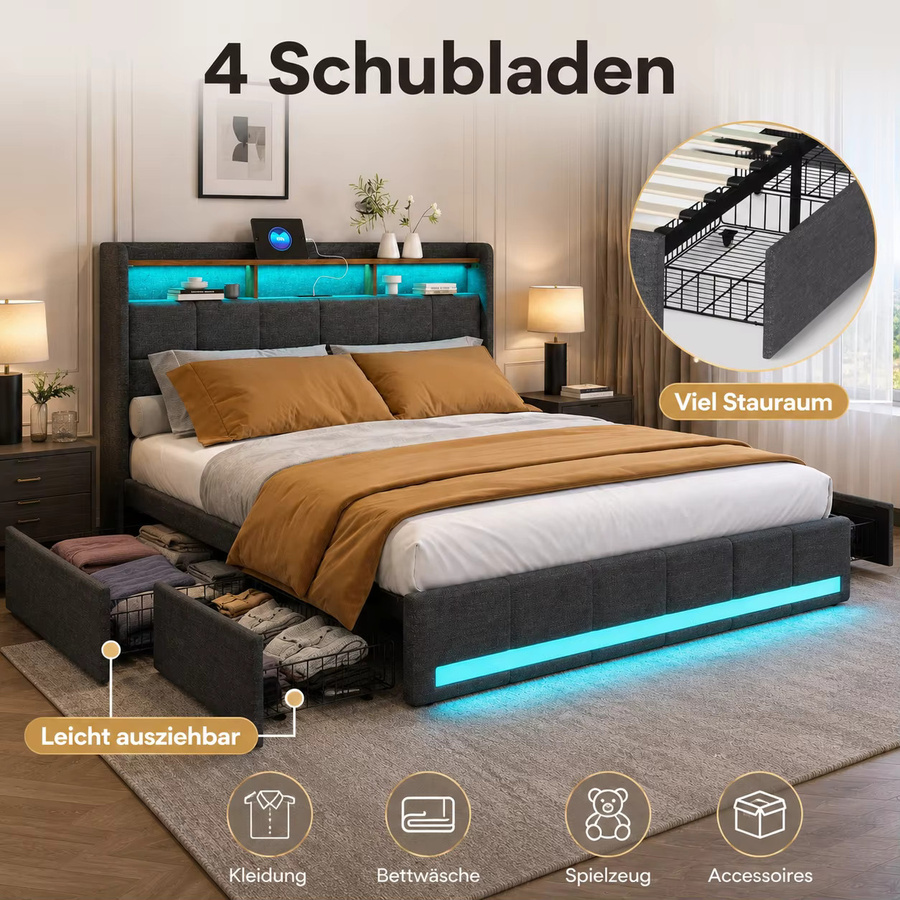 Multifunktionales Doppelbettgestell HYNHXBP aus Leinen in Grau mit LED-Beleuchtung, USB-Ladestation und Aufbewahrungsschubladen, B/T/H: 160 x 200 cm - Bild 5