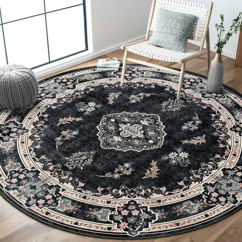 VIKAMA Bohemian Runder Bodenmatten Teppich in Schwarz, Schmutzabweisend und Langlebig für Wohnzimmer und Esszimmer - Bild 3