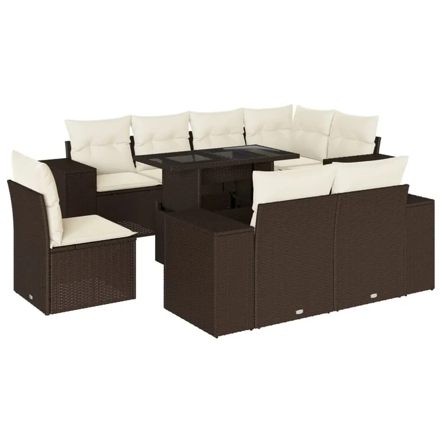 vidaXL 9-tlg. Garten-Sofagarnitur in L-Form aus braunem Poly-Rattan mit cremeweißen Kissen und pulverbeschichtetem Stahlgestell - Bild 2
