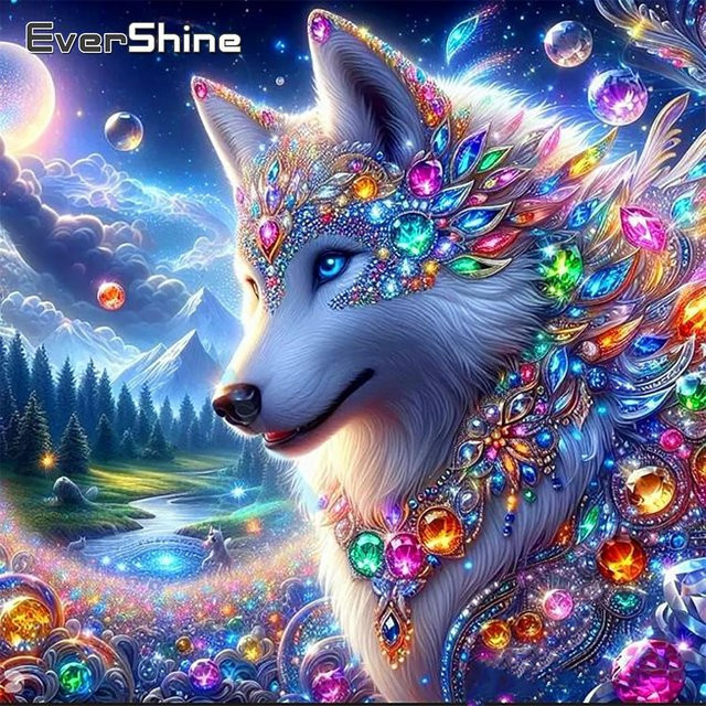 EverShine 5D DIY Diamantmosaik Set Fuchs und Wolf als Kreuzstich Stickerei für Wanddeko, Mehrfarbig, Rund - Bild 1