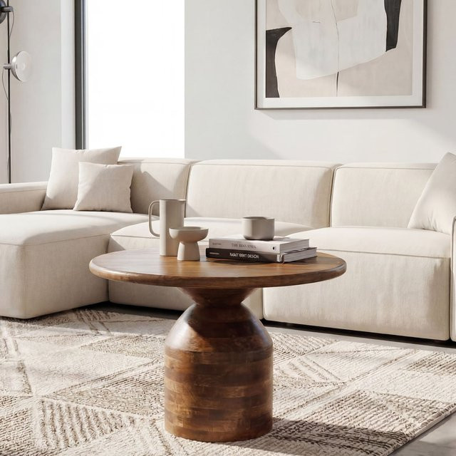 Runder Couchtisch aus Massivholz von Finebuy in Braun, Durchmesser: 60 cm - Bild 1