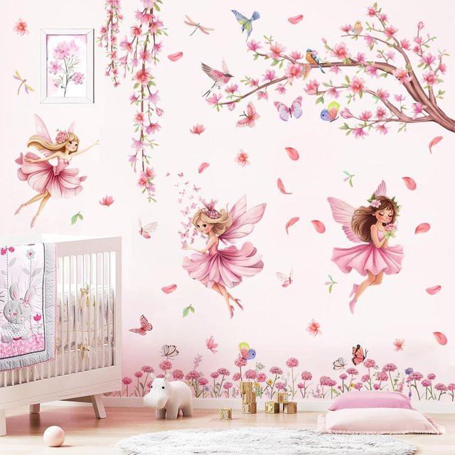Duruibom Wandtattoo Rosa Schmetterling und Blumen mit Kirschblüten für Schlafzimmer und Spielzimmer B: 40,0 cm, H: 33,0 cm - Bild 1