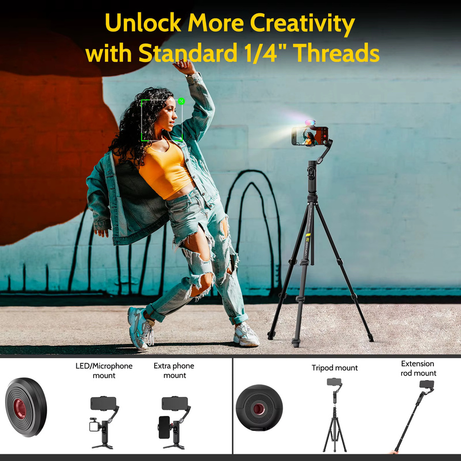 AOCHUAN Smart X Kompletter Combo-Hand-Gimbal-Stabilisator für iPhone und Android Smartphone mit Bodenstehendem Stativ in Schwarz - Bild 3