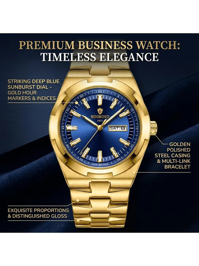 BINBOND Armbanduhr, Quarz, Edelstahl, Gold, blaues Zifferblatt, Herren - Bild 7
