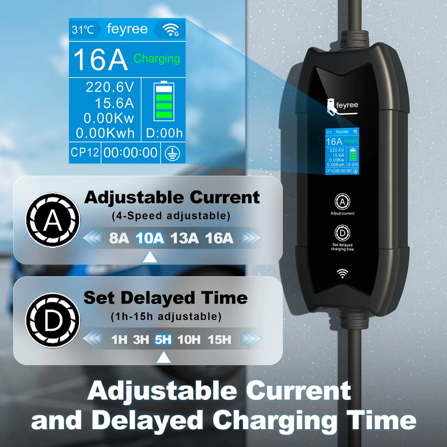 Feyree Tragbares EV-Ladegerät mit WLAN-App-Steuerung, 16A 3,5KW, 5m Kabel, Schwarz - Bild 3