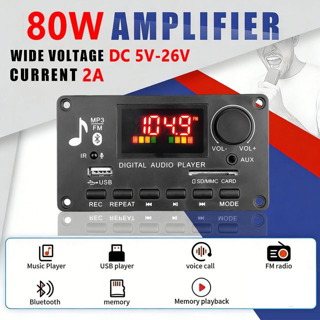 KEBIDU 80W Bluetooth 5.0 Verstärker Modul mit FM-Radio, MP3 WAV Decoder Board, USB und AUX in Schwarz - Bild 1