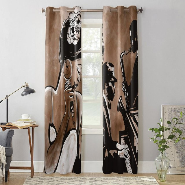 Retro Fenstervorhang mit Sängerin und Klavier Motiv in Grau von Super Six, Breite: 135 cm, Höhe: 60 cm - Bild 1