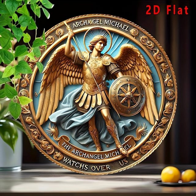 Potdemiel Erzengel Michael Vintage Metall-Wandkunst rundes Blechschild in Gold und Blau, Durchmesser: 20,3 cm - Bild 1