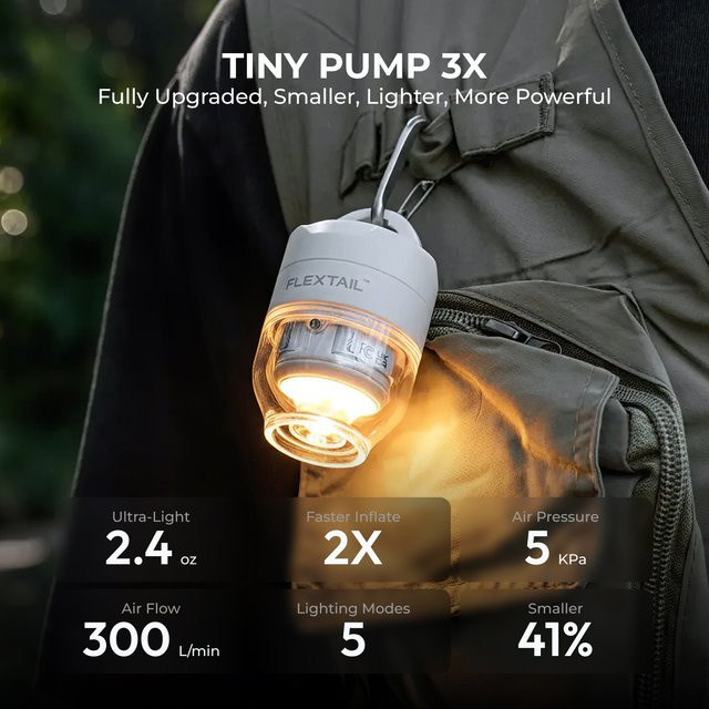 FLEXTAIL TINY PUMP 3X Ultraleichte tragbare Luftpumpe mit 5-Modus Campinglampe in Weiß - Bild 1