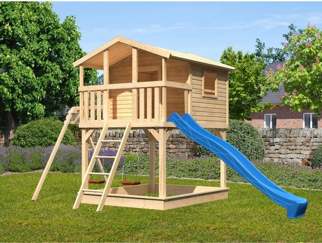 Karibu Stelzenhaus Benjamin Natur mit Doppelschaukel Rutsche Blau - Bild 1