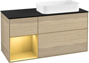 V&B Waschtischunterschrank Finion in Oak Veneer mit Regalfach rechts und Gold matt Details, Breite: 120 cm, Tiefe: 60 cm - Bild 1