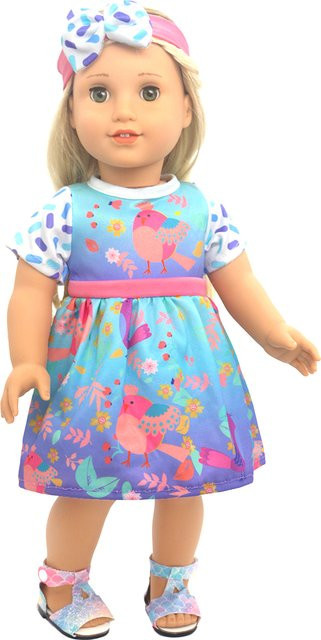 LIN KUN Puppenoutfit, Kleid und Stirnband mit Cartoon-Vogelmuster, Zubehör - Bild 1