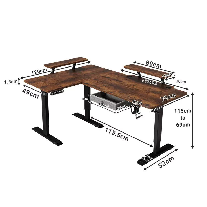 Radlove Elektrisch Höhenverstellbarer L-Schreibtisch in Brown mit Monitorständer und Schublade, Breite: 160 cm - Bild 2