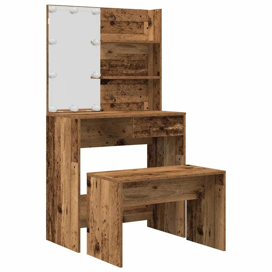vidaXL Schminktisch-Set Hollywood LED in Braun mit Altholz-Optik, B/T/H: 141 x 40 x 74,5 cm - Bild 2