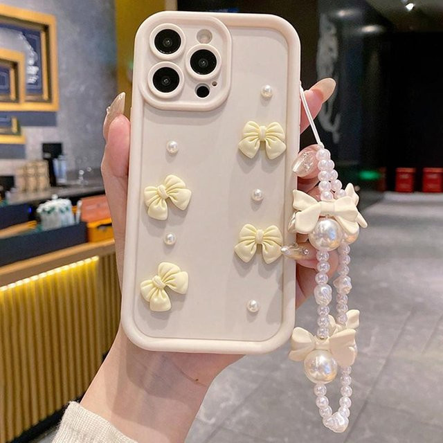 Elegante Xiaomi Handyhülle mit 3D-Schleife und Kunstperlenkette in Weiß für Redmi Note 14, 13, 12, 11 Pro Plus, 12S, 11S sowie Redmi 13C und 14C - Bild 1