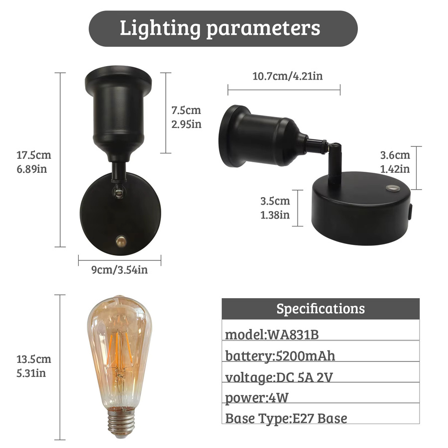 Nordic Retro Wandlampe Schwarz mit Fernbedienung und Touch-Schalter, dimmbar, 6W, E27, mit 5200mAh Akku für Wohnzimmer und Nachtbeleuchtung - Bild 4