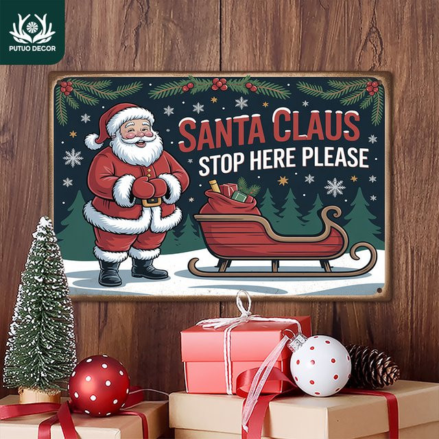 Putuo Decor Vintage Metallblechschild SANTA CLAUS STOP HERE Wandkunstdekoration für Weihnachten Multicolor B: 30,0 cm, H: 20,0 cm - Bild 1