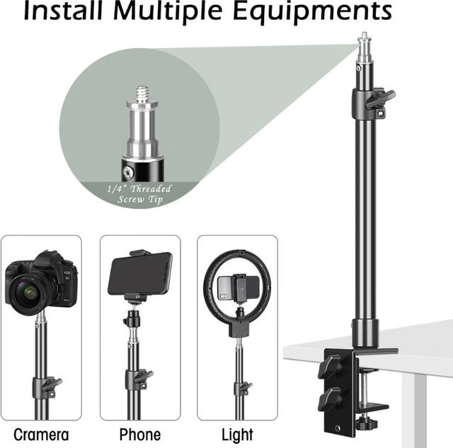 Verstellbarer Schreibtischhalterungsständer aus Aluminium in Schwarz mit 1/4-Zoll-Schraubgewinde für DSLR-Kameras, Ringlichter und Videoleuchten - Bild 1