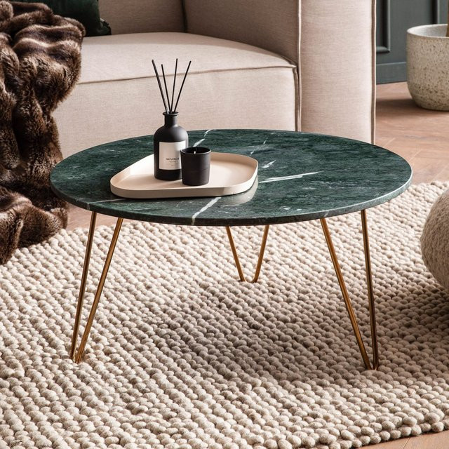 Couchtisch FineBuy aus echtem Marmor in Grün und Gold, runder Wohnzimmertisch mit Metallgestell, Durchmesser: 70 cm, Höhe: 35 cm - Bild 1