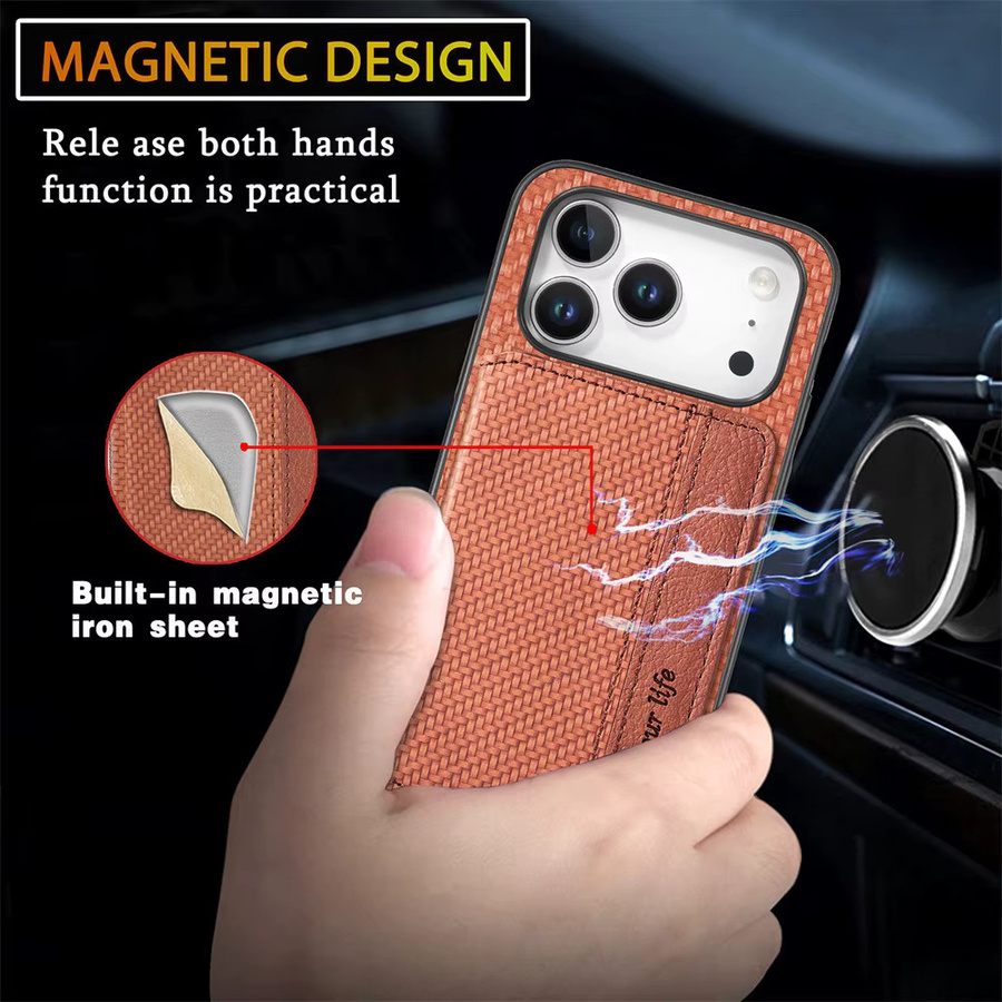 Handyhülle mit Kartenhalter im Kohlefaser-Muster für Apple iPhone (verschiedene Modelle), Farbe: Braun - Bild 3
