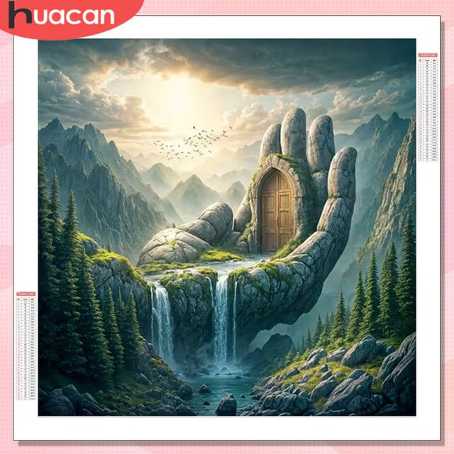 HUACAN Diamant-Mosaik-Set Landschaft Wasserfall mit runden Strasssteinen, Wanddekoration, Mehrfarbig, B/H: 20 x 20 cm - Bild 1