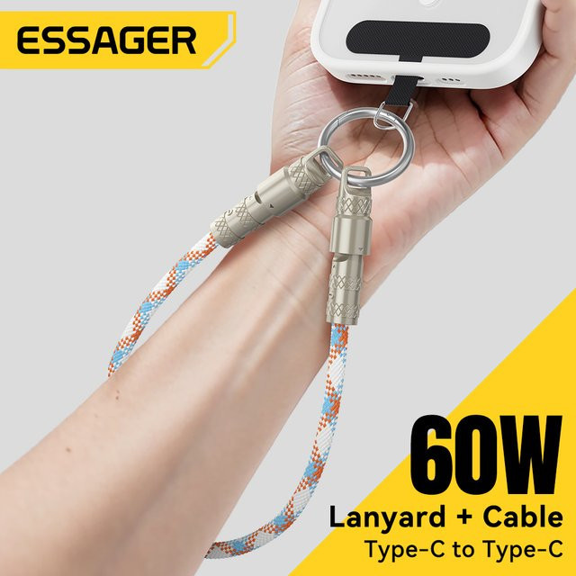 Essager 2 in 1 USB-C auf USB-C Schnellladekabel mit Lanyard, 60 W PD-Datenkabel, Schwarz - Bild 1