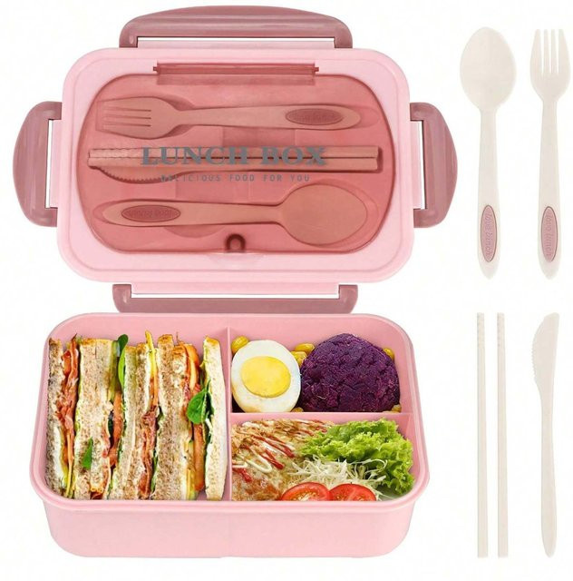 Bento-Box Lunchbox für Erwachsene von Yiran Furniture mit 4 Fächern, Besteck, Soßenglas und Muffinförmchen, pink, 1200ml - Bild 1