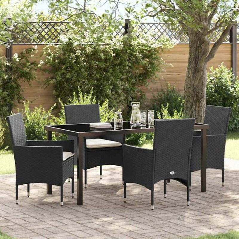 5-teilige moderne Garten-Essgruppe vidaXL aus Poly-Rattan mit Kissen und Glastisch in Schwarz - Bild 1